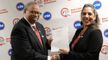 CTA President Dorval R. Carter Jr. and Federal Transit Deputy Administrator Veronica Vanterpool celebrate finalizing the $1.9 billion FFGA for the Red Line Extension Project. (CTA Photograph)